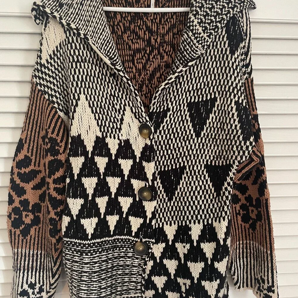 Free People Black and Brown Geometric Cardigan - Picture 1 of 6